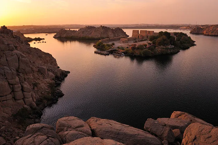 Philae Temple of Isis on Agilkia Island, a sanctuary for spiritual healing retreats.